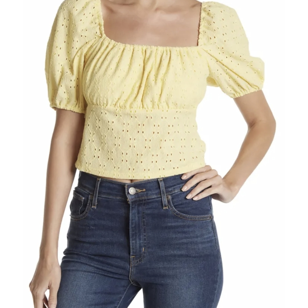 MAUBY Eyelet Square Neck,puff sleeves  Crop Top
